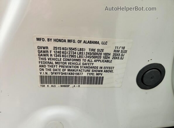 5FNYF5H61KB019877 2019 HONDA PILOT White Vista de la etiqueta del VIN