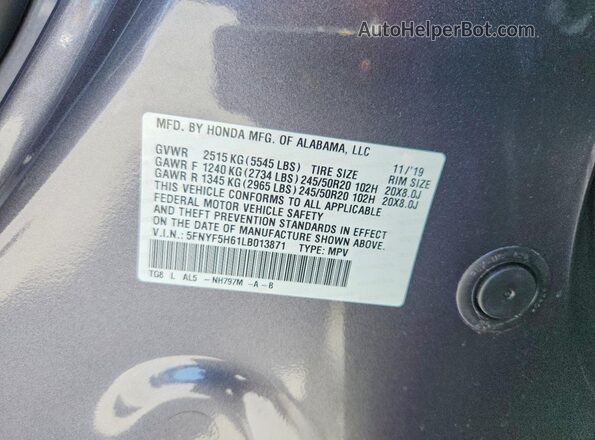 5FNYF5H61LB013871 2020 HONDA PILOT Gray VIN կոդի պիտակի տեսք