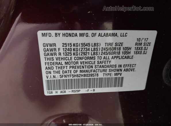 5FNYF5H62HB039578 2017 HONDA PILOT Burgundy Вид підкапотного простору