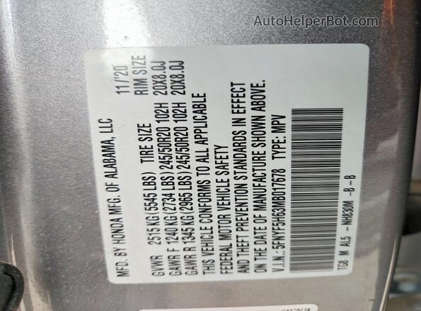 5FNYF5H63MB017678 2021 HONDA PILOT Silver Widok wnętrza 360 stopni