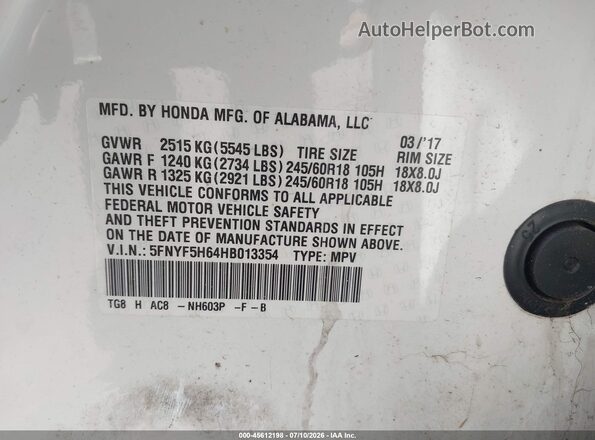 5FNYF5H64HB013354 2017 HONDA PILOT White Vista del compartimento del motor