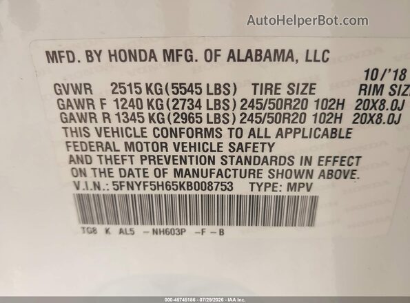 5FNYF5H65KB008753 2019 HONDA PILOT White Widok komory silnika