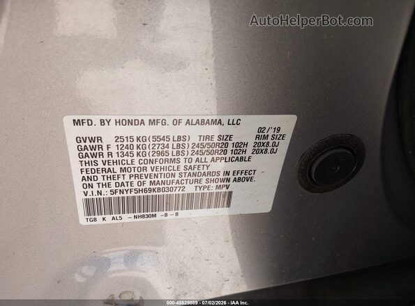 5FNYF5H69KB030772 2019 HONDA PILOT Серебряный Вид подкапотного пространства