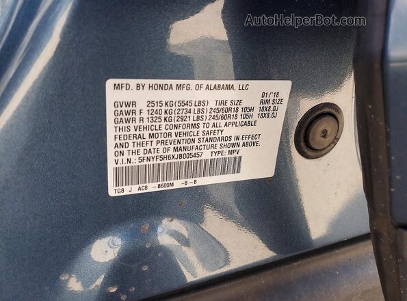 5FNYF5H6XJB005457 2018 HONDA PILOT Blue VIN sticker view