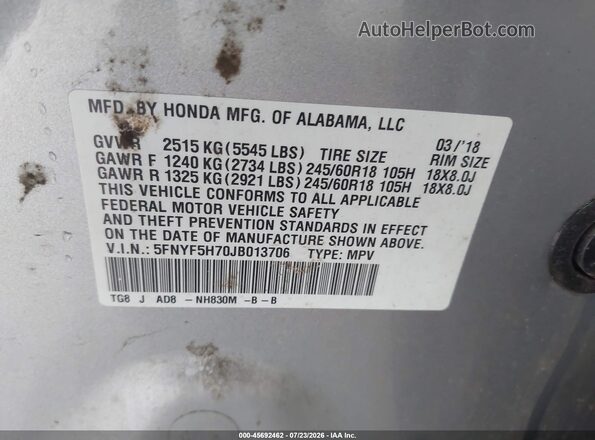 5FNYF5H70JB013706 2018 HONDA PILOT Silver Widok komory silnika