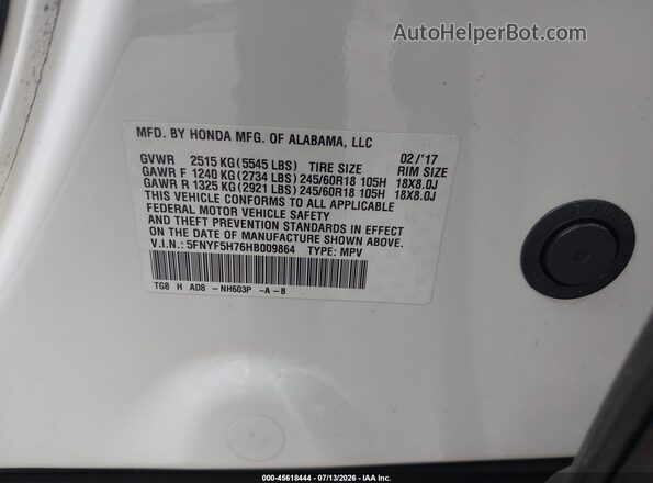 5FNYF5H76HB009864 2017 HONDA PILOT White Vista del compartimento del motor