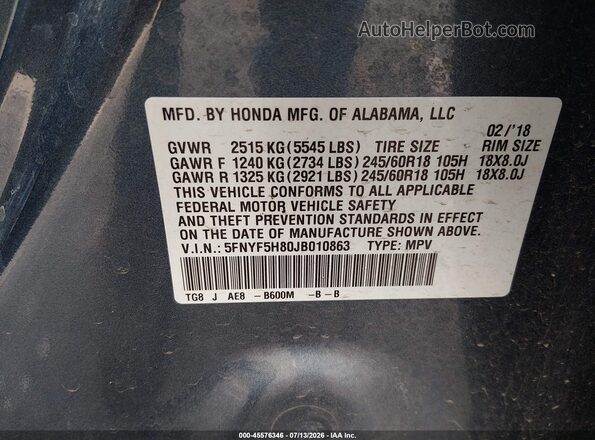 5FNYF5H80JB010863 2018 HONDA PILOT Blue Շարժիչի բաժամունքի տեսք