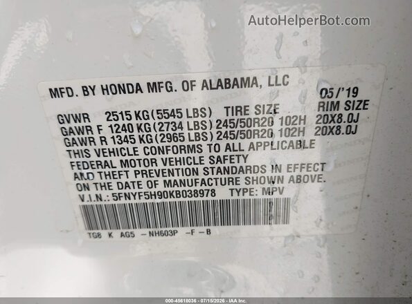 5FNYF5H90KB038978 2019 HONDA PILOT Белый Вид подкапотного пространства