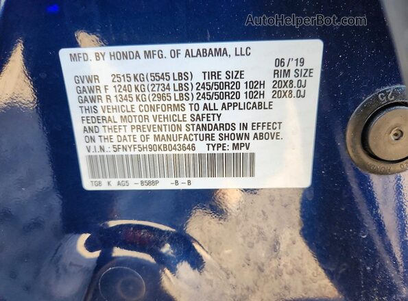 5FNYF5H90KB043646 2019 HONDA PILOT Blue VIN sticker view