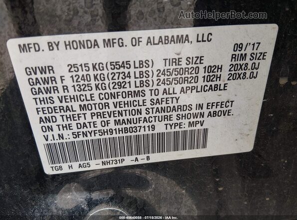 5FNYF5H91HB037119 2017 HONDA PILOT Black Widok komory silnika