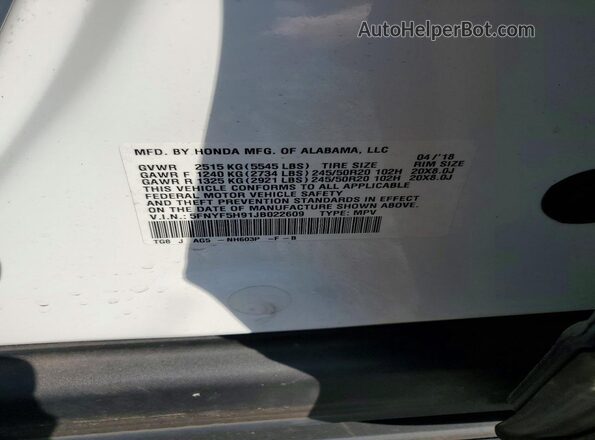 5FNYF5H91JB022609 2018 HONDA PILOT White Widok komory silnika