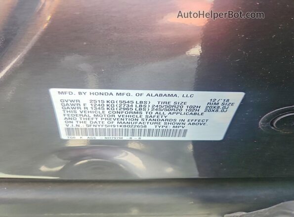 5FNYF5H91KB022658 2019 HONDA PILOT Gray VIN sticker view