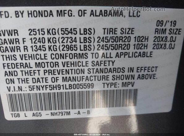 5FNYF5H91LB005599 2020 HONDA PILOT Gray ძრავის განყოფილების ხედი