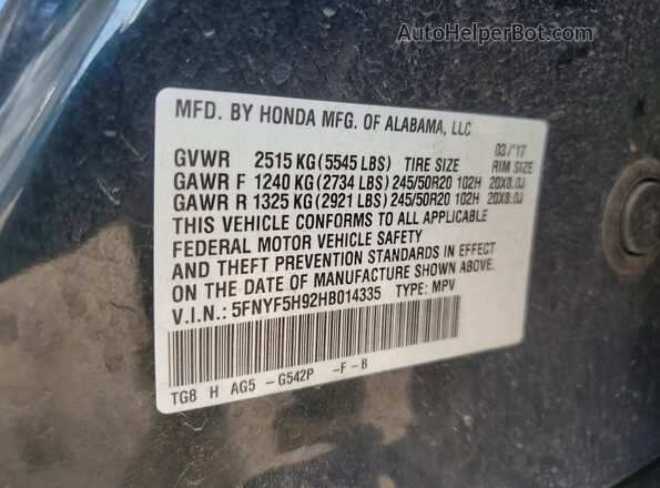 5FNYF5H92HB014335 2017 HONDA PILOT Black VIN կոդի պիտակի տեսք