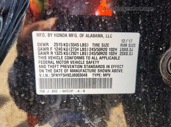 5FNYF5H92JB003048 2018 HONDA PILOT Черный Вид наклейки с VIN-кодом
