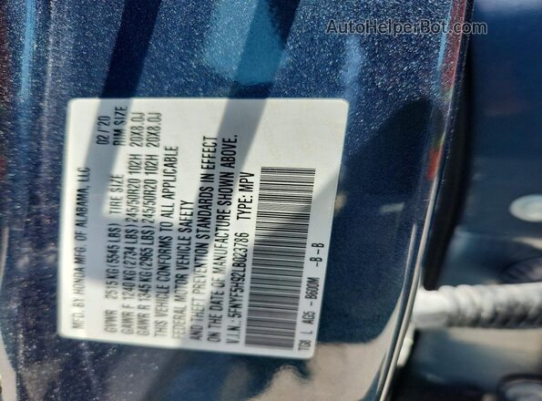 5FNYF5H92LB023786 2020 HONDA PILOT Синий Вид наклейки с VIN-кодом