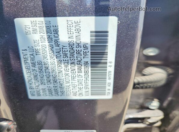 5FNYF5H92MB039164 2021 HONDA PILOT Gray VIN კოდის სტიკერის ხედი