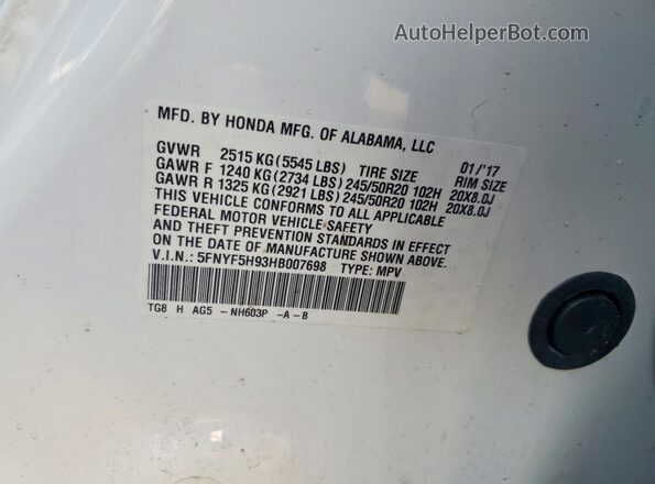 5FNYF5H93HB007698 2017 HONDA PILOT White VIN კოდის სტიკერის ხედი