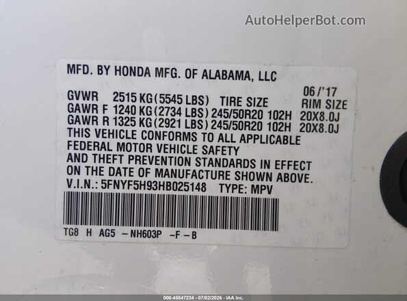 5FNYF5H93HB025148 2017 HONDA PILOT White Engine compartment view