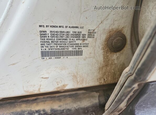 5FNYF5H93JB007707 2018 HONDA PILOT White Vista del compartimento del motor