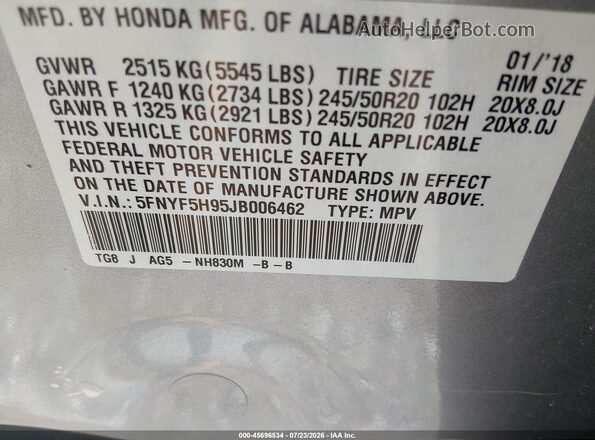 5FNYF5H95JB006462 2018 HONDA PILOT Silver Շարժիչի բաժամունքի տեսք