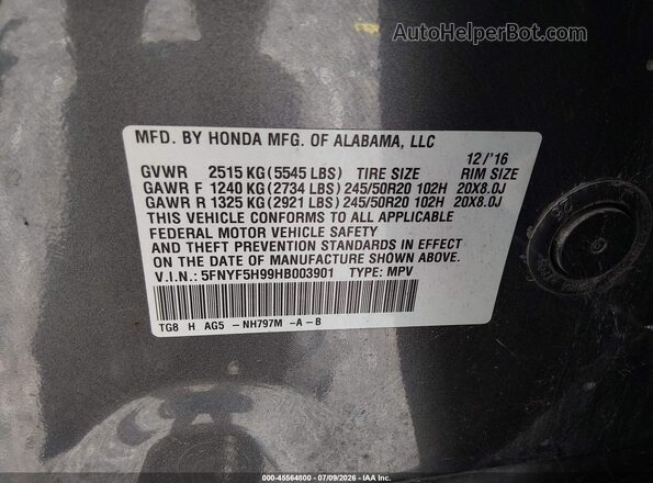 5FNYF5H99HB003901 2017 HONDA PILOT Серый Вид подкапотного пространства
