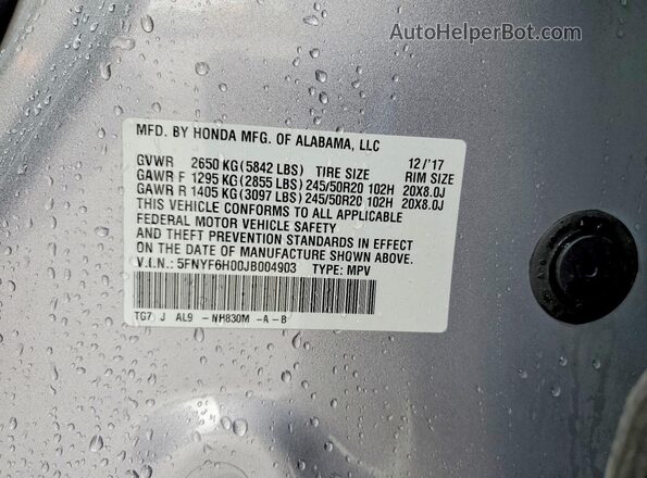 5FNYF6H00JB004903 2018 HONDA PILOT Silver VIN կոդի պիտակի տեսք