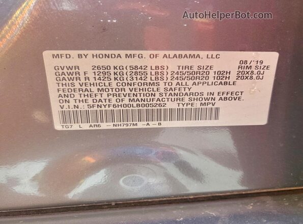 5FNYF6H00LB005262 2020 HONDA PILOT Gray VIN კოდის სტიკერის ხედი