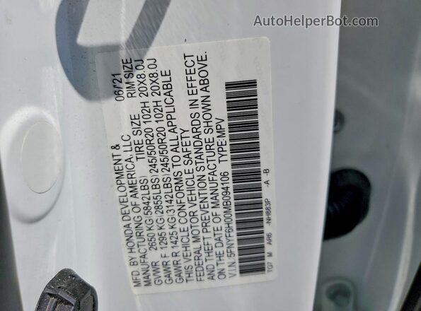5FNYF6H00MB094106 2021 HONDA PILOT White Панорамний вид салону 360°