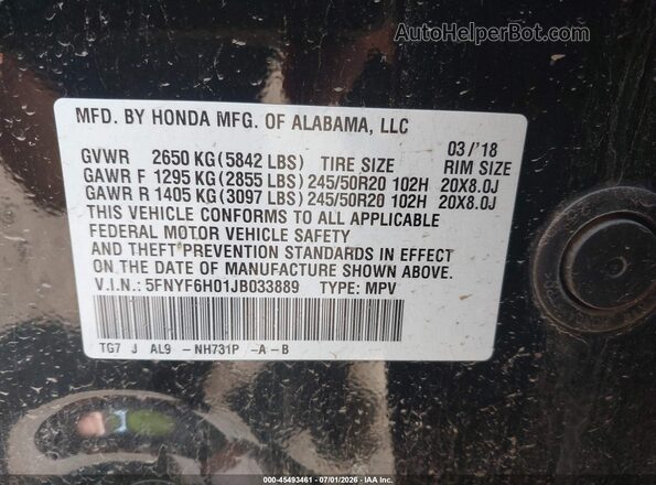 5FNYF6H01JB033889 2018 HONDA PILOT Black ძრავის განყოფილების ხედი