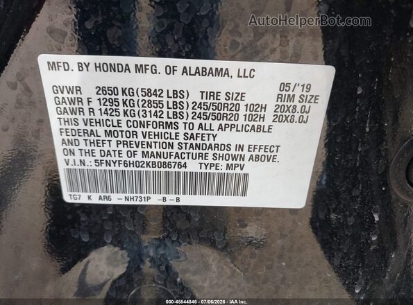 5FNYF6H02KB086764 2019 HONDA PILOT Black ძრავის განყოფილების ხედი