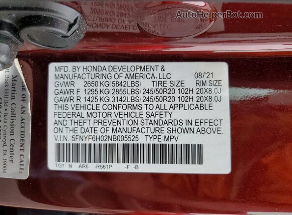 5FNYF6H02NB005525 2022 HONDA PILOT Burgundy სალონის 360-გრადუსიანი ხედი