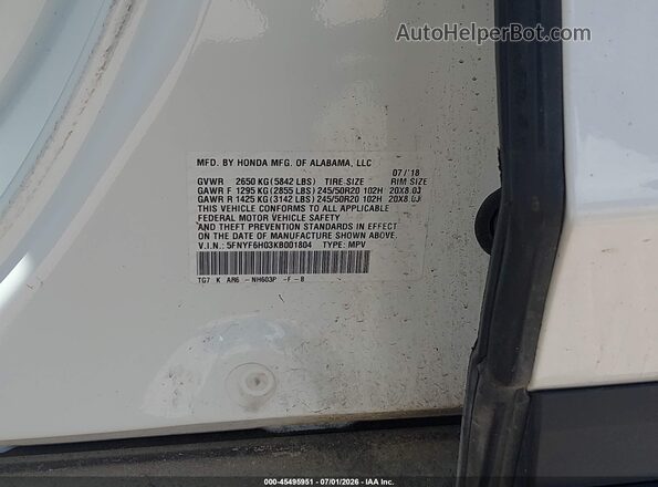 5FNYF6H03KB001804 2019 HONDA PILOT White Engine compartment view