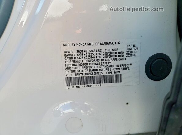 5FNYF6H03KB004265 2019 HONDA PILOT Белый Панорамный вид салона 360°