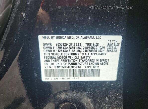 5FNYF6H03LB034951 2020 HONDA PILOT Black Սալոնի 360 աստիճան տեսք