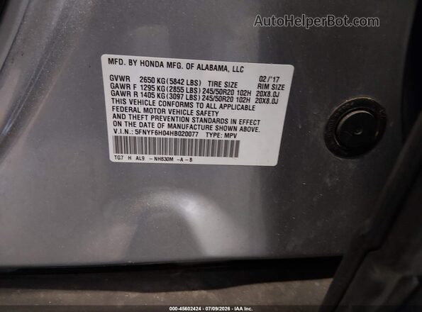 5FNYF6H04HB020077 2017 HONDA PILOT Gray Вид підкапотного простору