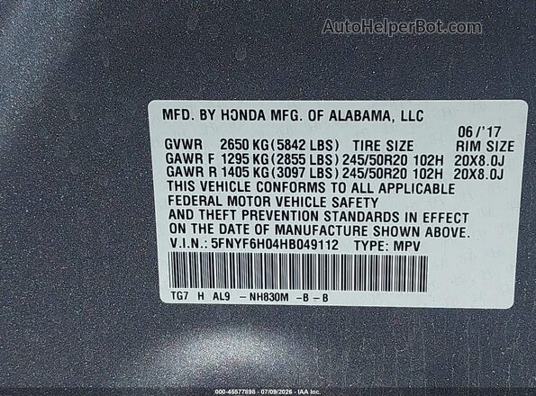 5FNYF6H04HB049112 2017 HONDA PILOT Серый Вид подкапотного пространства