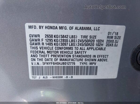5FNYF6H04JB012776 2018 HONDA PILOT Silver Widok komory silnika