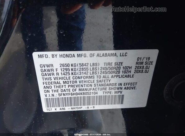 5FNYF6H04KB053104 2019 HONDA PILOT Black Widok komory silnika