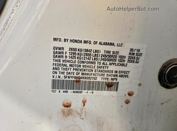5FNYF6H04KB082702 2019 HONDA PILOT White Widok naklejki z numerem VIN