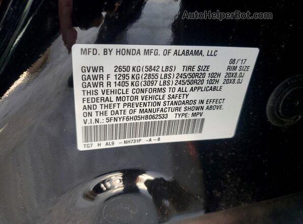 5FNYF6H05HB062533 2017 HONDA PILOT Black Widok wnętrza 360 stopni