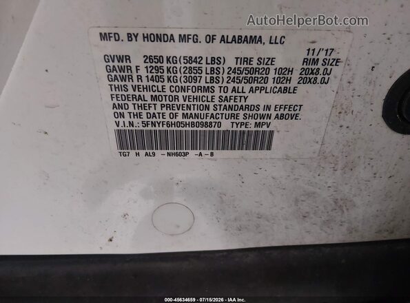 5FNYF6H05HB098870 2017 HONDA PILOT White Widok komory silnika