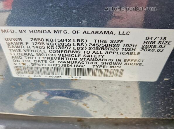 5FNYF6H05JB041882 2018 HONDA PILOT Teal VIN կոդի պիտակի տեսք