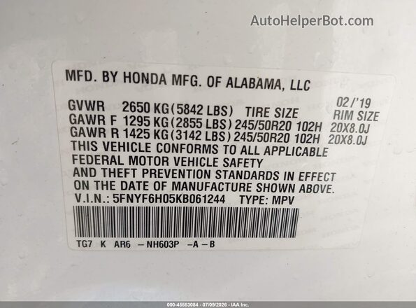 5FNYF6H05KB061244 2019 HONDA PILOT White Vista del compartimento del motor