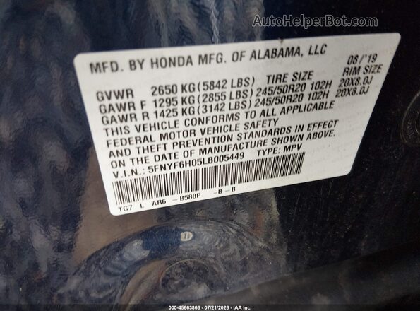 5FNYF6H05LB005449 2020 HONDA PILOT Blue Widok komory silnika