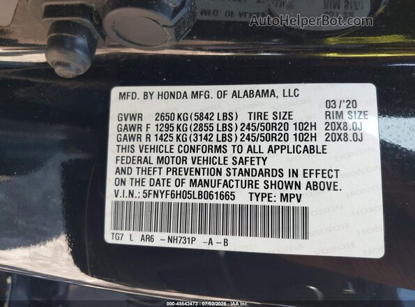 5FNYF6H05LB061665 2020 HONDA PILOT Black Вид підкапотного простору