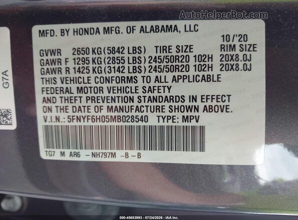 5FNYF6H05MB028540 2021 HONDA PILOT Gray Vista del compartimento del motor