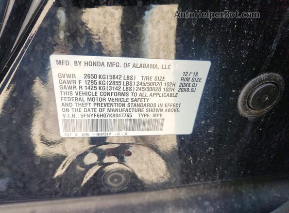 5FNYF6H07KB047765 2019 HONDA PILOT Black Вид наклейки з VIN-кодом