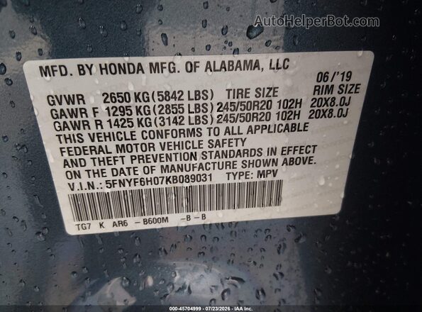 5FNYF6H07KB089031 2019 HONDA PILOT Blue Engine compartment view