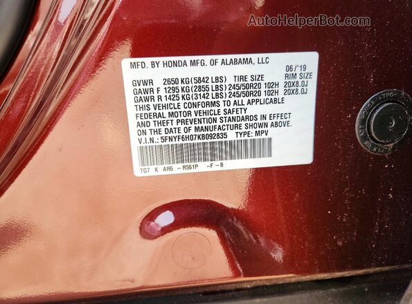 5FNYF6H07KB092835 2019 HONDA PILOT Burgundy Widok naklejki z numerem VIN